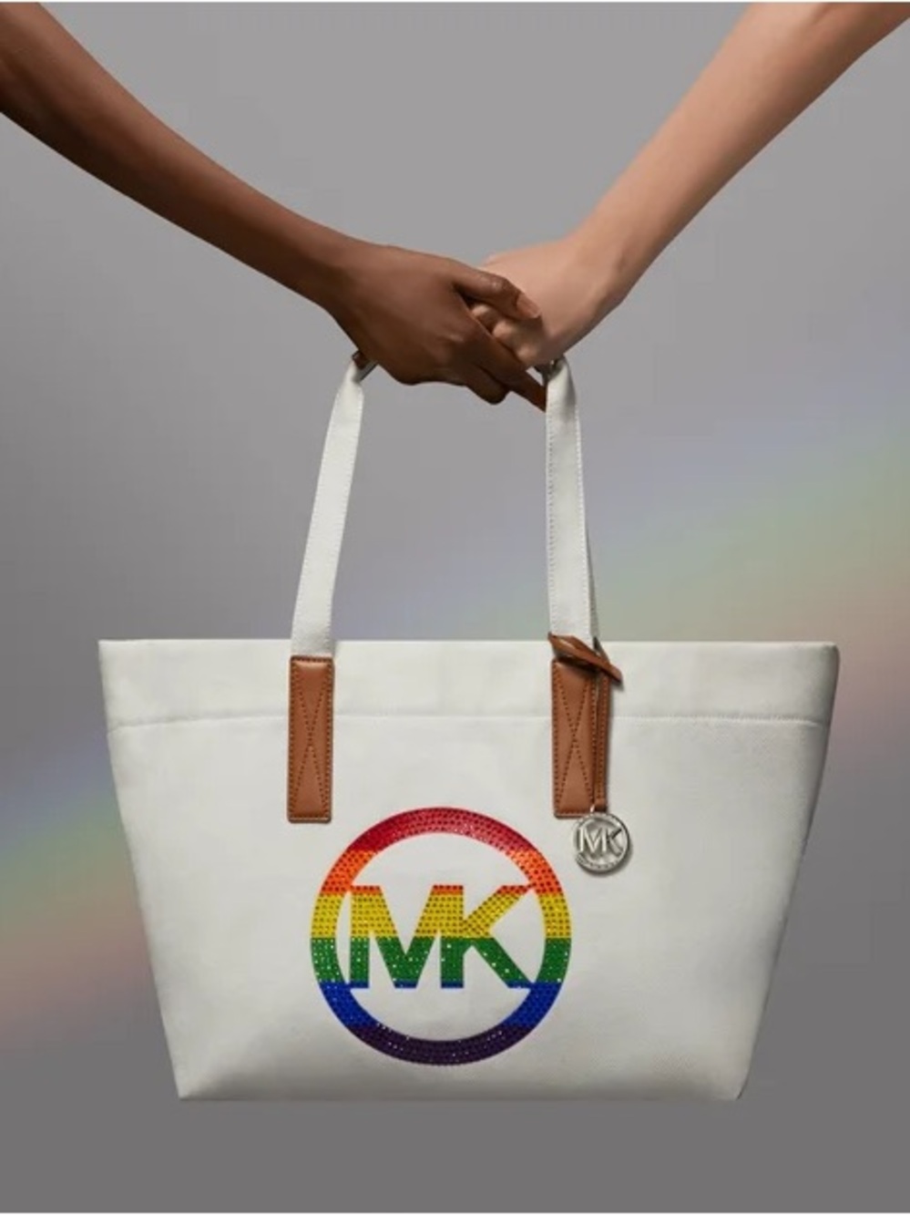 Michael Kors White Tote with Rainbow MK Logo and Tan Handles
